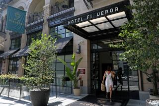 LOS ANGELES, CA - SEPTEMBER 03: Hotel Figueroa on Thursday, Sept. 3, 2020 in Los Angeles, CA. Los Angeles hotels are promoting discounts and packages to attract local visitors now that the COVID-19 pandemic has nearly frozen all tourism from abroad. The Hotel Figueroa is offering a 26% discount to guests who are from California. (Gary Coronado / Los Angeles Times)