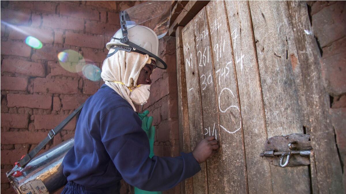 Emely Mwale, 23, who earns $6 a day spraying homes with insecticide in the Katete District of Zambia's Eastern Province, marks the door of a house she has just finished spraying.