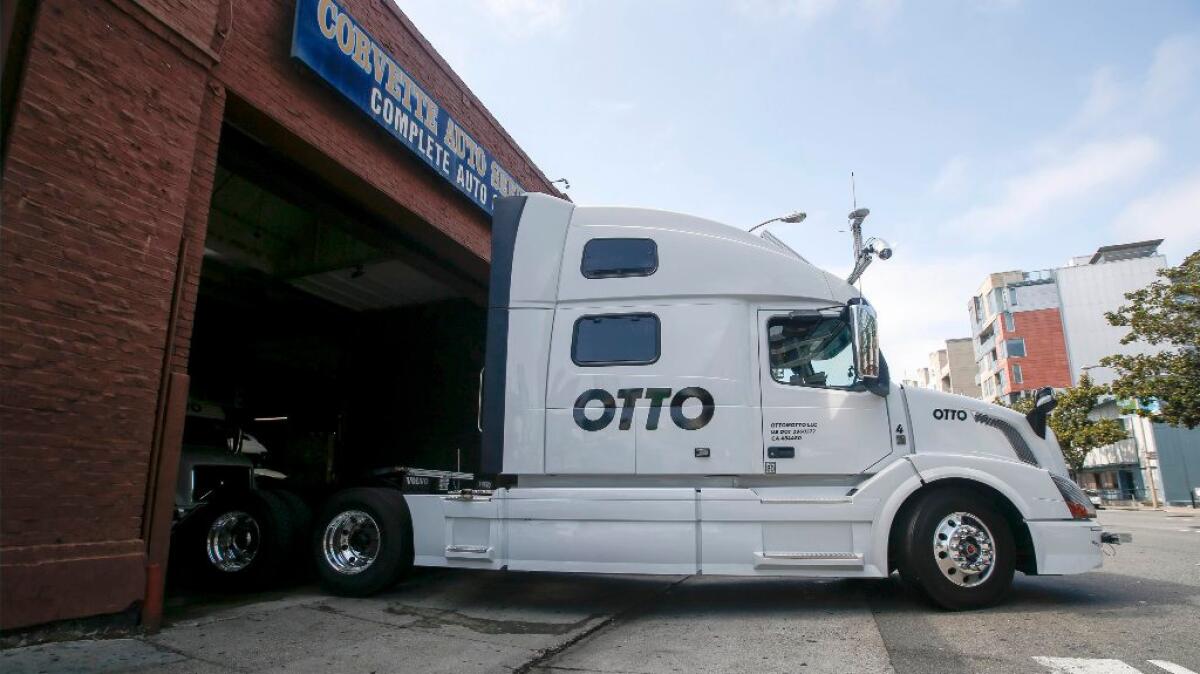 An Otto self-driving truck leaves for a test drive in San Francisco in August.