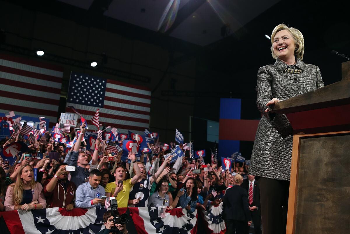 Hillary Clinton celebrates with supporters in Philadelphia.