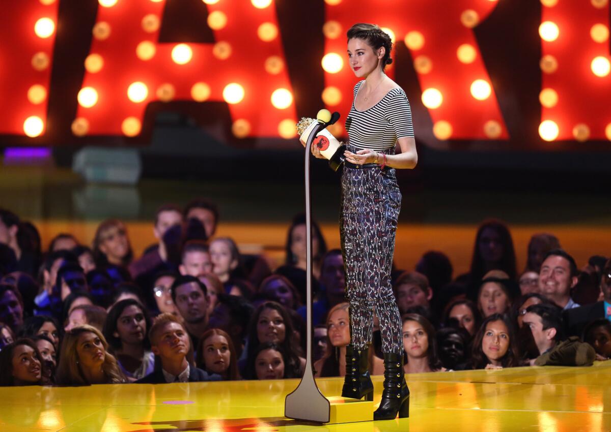 Shailene Woodley wears Isabel Marant as she accepts the best female performance award at the MTV Movie Awards at the Nokia Theatre on April 12.