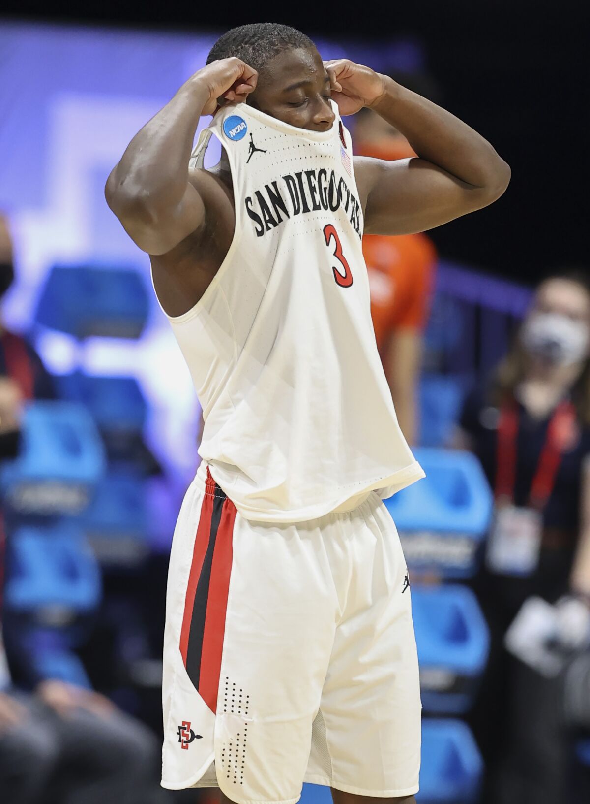 Former Aztecs guard Terrell Gomez reacts during an NCAA Tournament loss to Syracuse in March.
