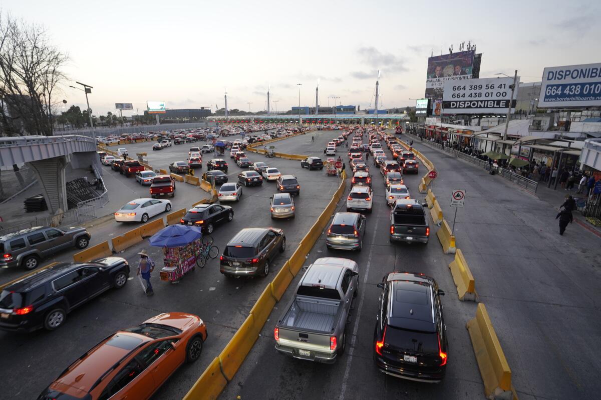 Cars in traffic at San Ysidro Border Crossing on Sunday, Aug. 23, 2020 in Tijuana, Baja California.  