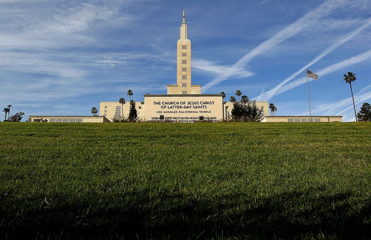 The Mormon temple, whose landmark hill was formed by the Santa Monica fault.