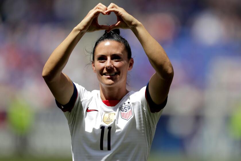 United States defender Ali Krieger is introduced during a send-off ceremony ahead of the FIFA Women's World Cup after an international friendly soccer match against Mexico, Sunday, May 26, 2019, in Harrison, N.J. The U.S. won 3-0. (AP Photo/Julio Cortez)
