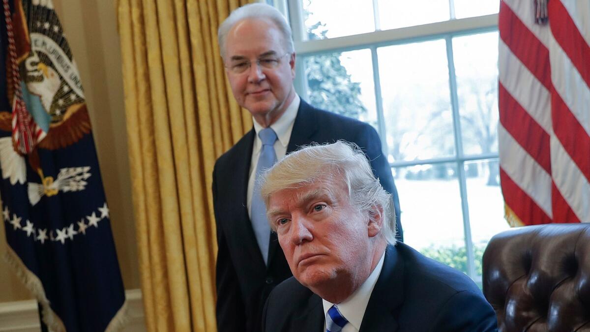 Still waiting for their victory on healthcare: President Trump with Health and Human Services Secretary Tom Price last month, after the first GOP effort to repeal the Affordable Care Act blew a fuse in the House.