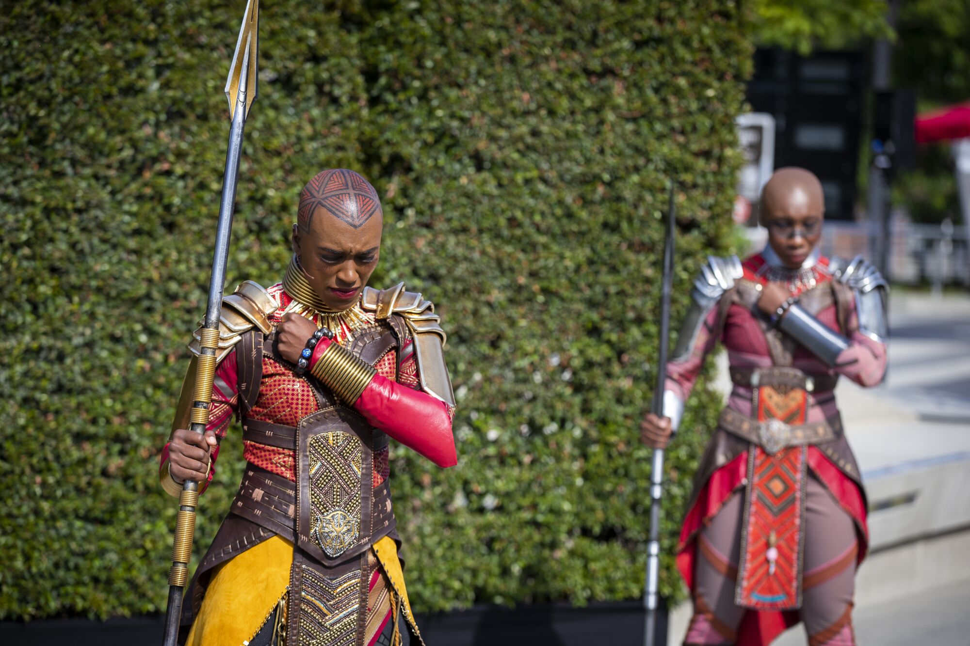 Black Panther's Dora Milaje perform during a media preview of Avengers Campus at California Adventure 