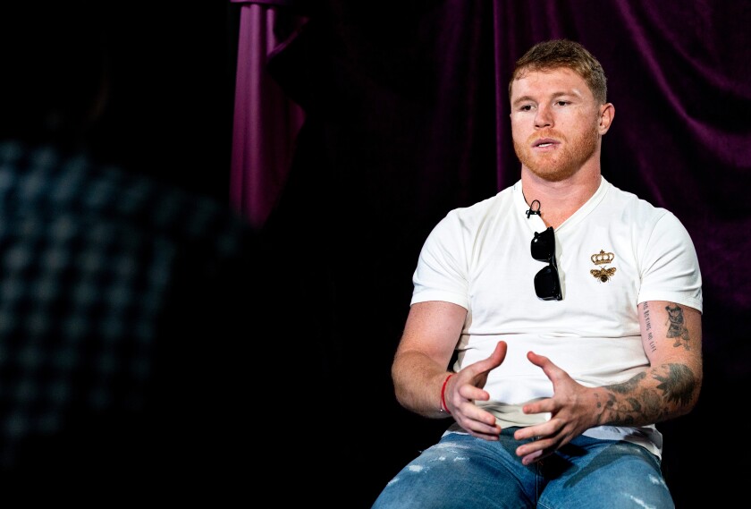 Boxer Canelo Álvarez, of Mexico, speaks during an interview with The Associated Press, Tuesday, June 28, 2022, in New York. Golovkin and Canelo Álvarez, of Mexico, will meet for a third time on Sept. 17, 2022, in Las Vegas. (AP Photo/Julia Nikhinson)