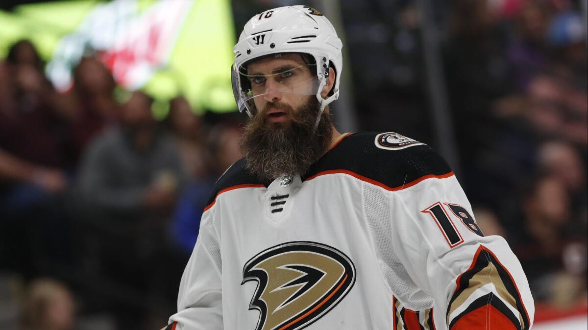 Ducks wing Patrick Eaves is shown during his final game in 2017.