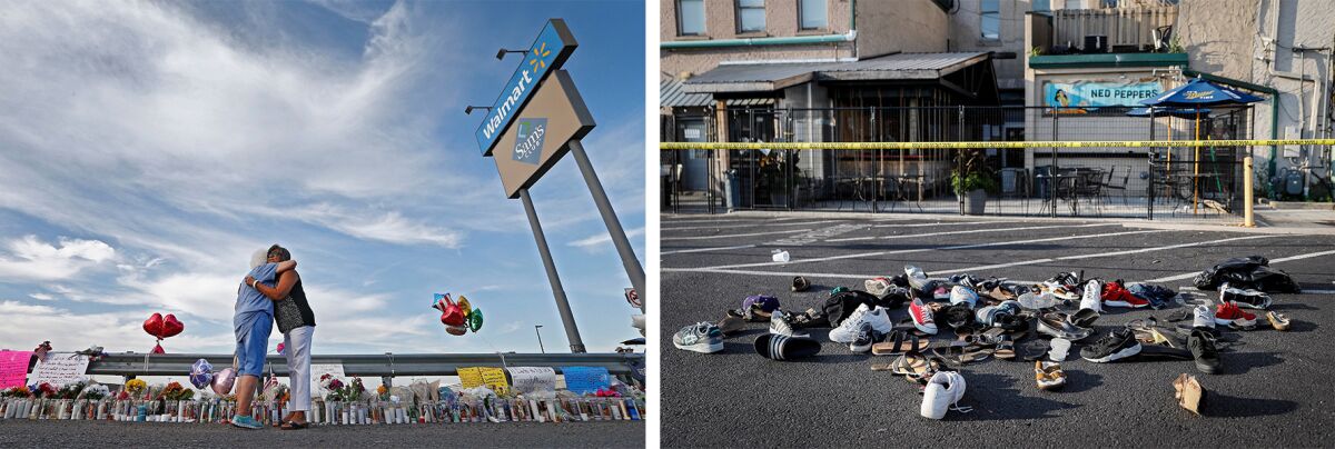 An El Paso memorial, left; shoes are piled near the Dayton, Ohio, shooting site