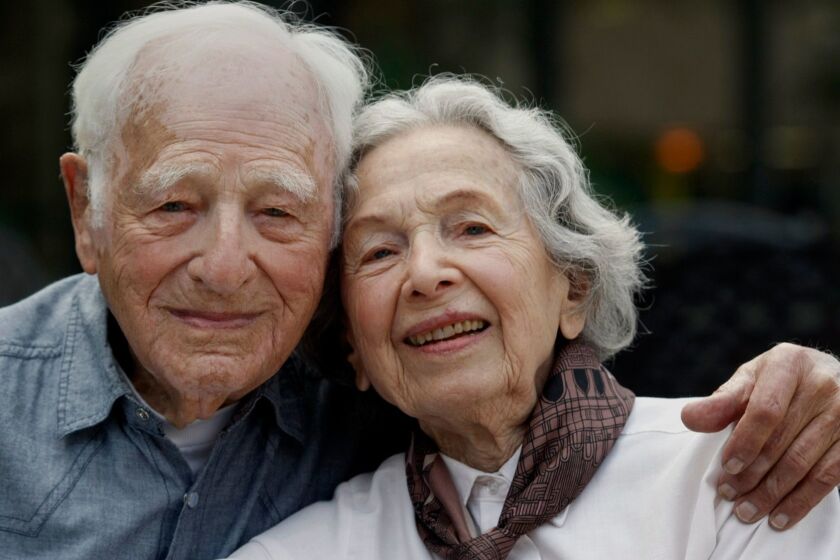 LOS ANGELES, CALIFORNIA - SEPTEMBER 19, 2013: Morrie Markoff, 99, and his wife Betty, 97, are photographed on September 19, 2013 in Los Angeles. On November 4, 2013, they will have been married 75 years and on January 11, 2014, Morrie turns 100. Almost one year after Morrie had a heart attack and temporary flat-lined him, he's living life to the fullest. The couple moved from Silver Lake to the Bunker Hill area of downtown Los Angeles about a year and a half ago. (Gary Friedman/Los Angeles Times)