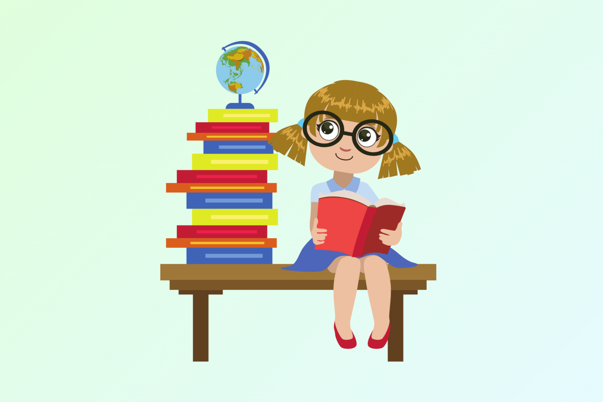 An illustration of a girl reading a book sitting on top of a desk, next to a tall stack of books.