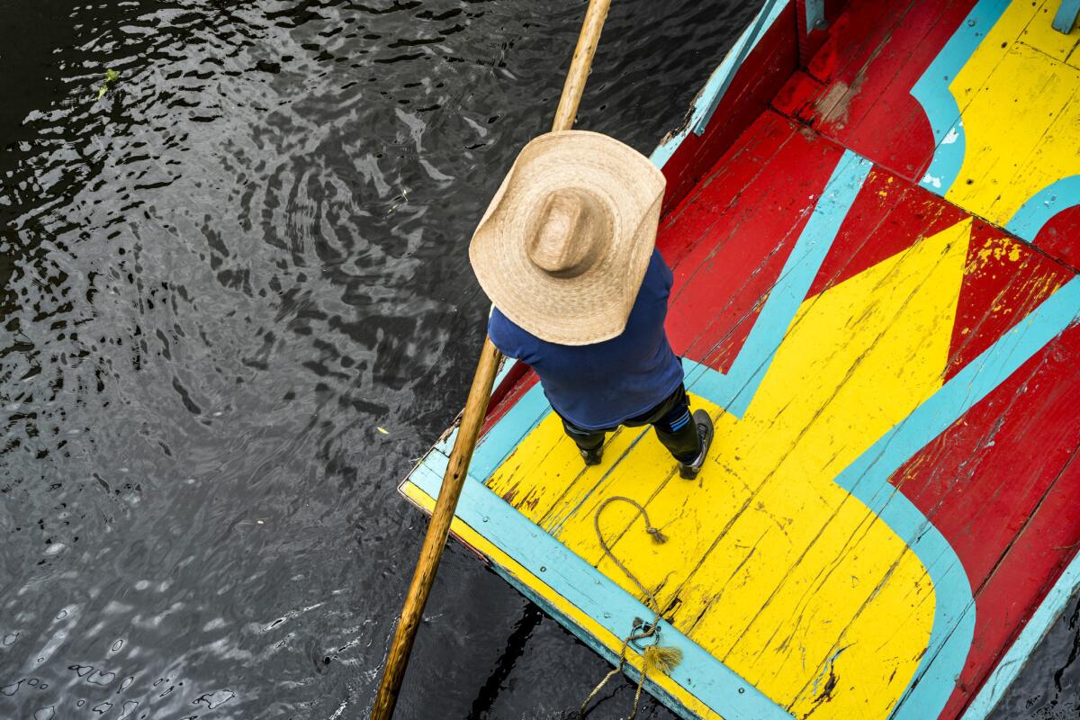 Trajinera or punt on the canals and floating gardens of Xochimilco Mexico City.