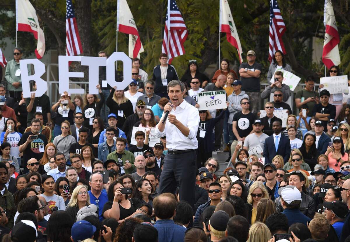 Democratic presidential candidate Beto O'Rourke speaks to supporters during a campaign rally in Los Angeles.