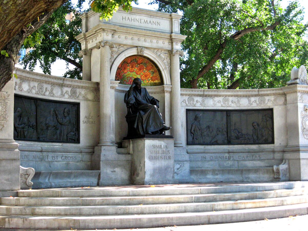 The shrine to Samuel C.F. Hahnemann, the father of homeopathy, was a gift from the American Institute of Homeopathy. It was erected in 1900 and sits off one of Washington's busy traffic circles. "Hundreds, if not thousands, of automobiles pass by that memorial every day and probably have no idea who that is and why he would be worthy of a memorial," one tour guide says.