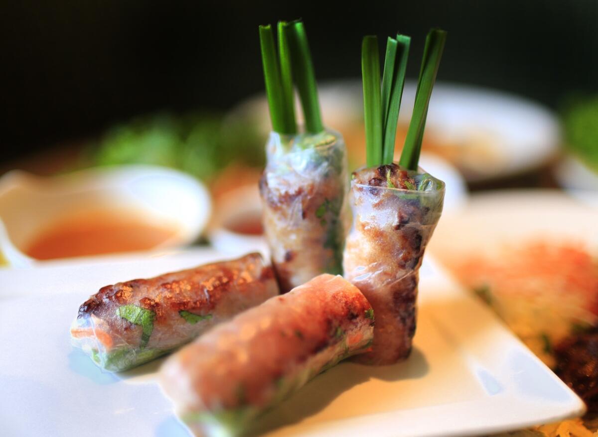 Nem nuong, charcoal-grilled pork most often eaten with herbs as a component of a rice-paper roll, from Broadard Chateau. Jonathan Gold writes that the Little Saigon restaurant has the best nem nuong this side of a Vietnamese grandma.