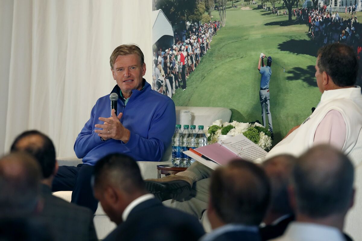 Professional golfer Ernie Els speaks as the guest of honor during the Hoag Classic's Breakfast with a Champion at Newport Beach Country Club on Tuesday. Els, a four-time major winner and recent Presidents Cup International team captain, will compete in the Hoag Classic golf tournament, Orange County's PGA Tour Champions event.