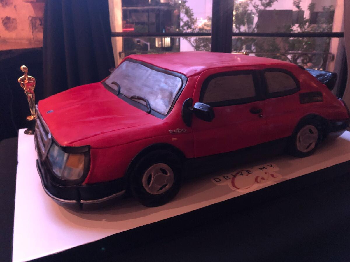 A cake for Drive My Car on display at Katana Japanese Restaurant in Hollywood at the film's afterparty.