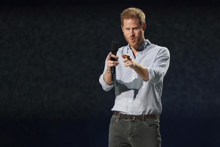 Prince Harry, Duke of Sussex, speaks at "Vax Live: The Concert to Reunite the World" on Sunday, May 2, 2021, at SoFi Stadium in Inglewood, Calif. (Photo by Jordan Strauss/Invision/AP)