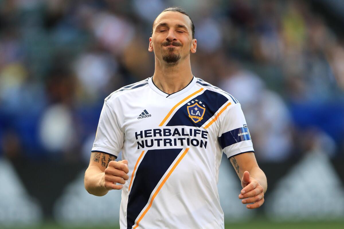 Zlatan Ibrahimovic #9 of Los Angeles Galaxy looks during the first half of a game against the Real Salt Lake at Dignity Health Sports Park on April 28, 2019 in Carson, California. Los Angeles Galaxy defeated Real Salt Lake 2-1.