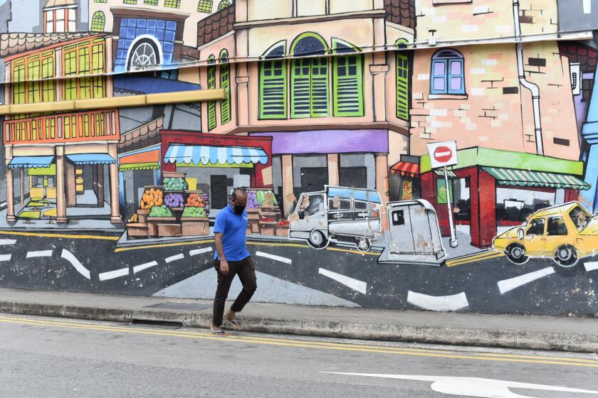 A man with a facemask walks past a wall mural in Singapore’s Little India district on Saturday, May 16, 2020. Wearing of facemarks is mandatory for everyone who goes outside their homes to control the spread of the coronavirus in the city state. Singapore has reported more than 27,000 COVID-19 cases, with 90% of the cases linked to foreign workers dormitories, but it has a low fatality rate of 21 deaths. (AP Photo/YK Chan)