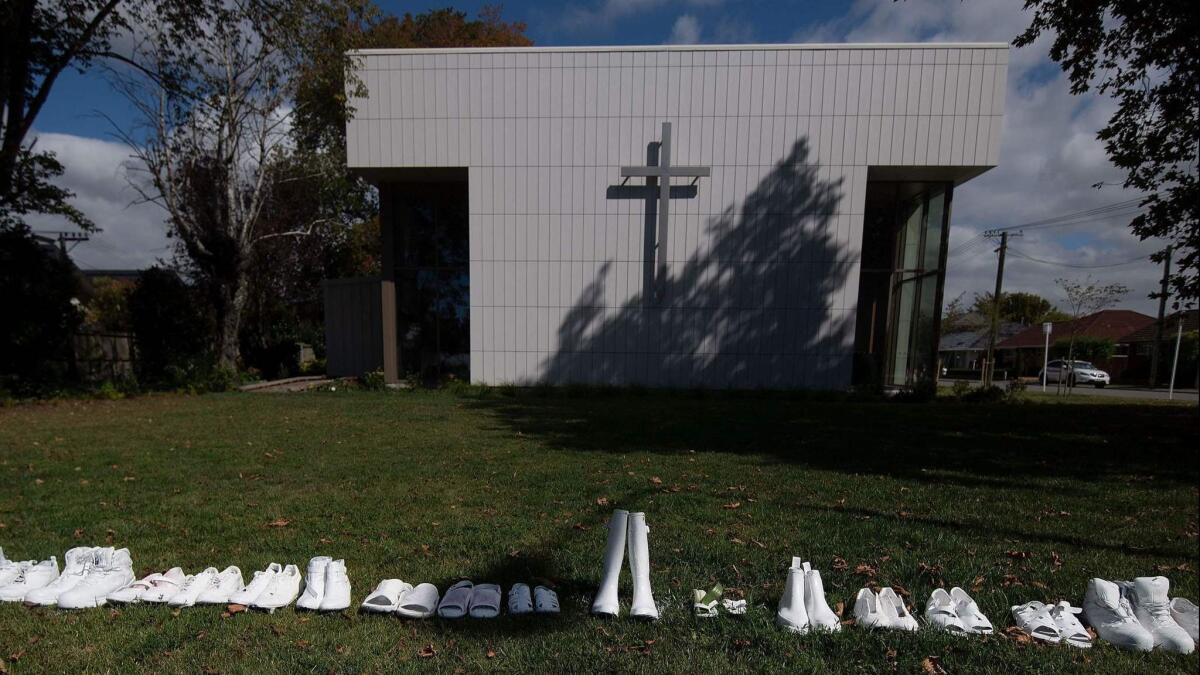 Fifty pairs of shoes for 50 Muslim lives lost. A memorial at All Souls Church in Christchurch, New Zealand.