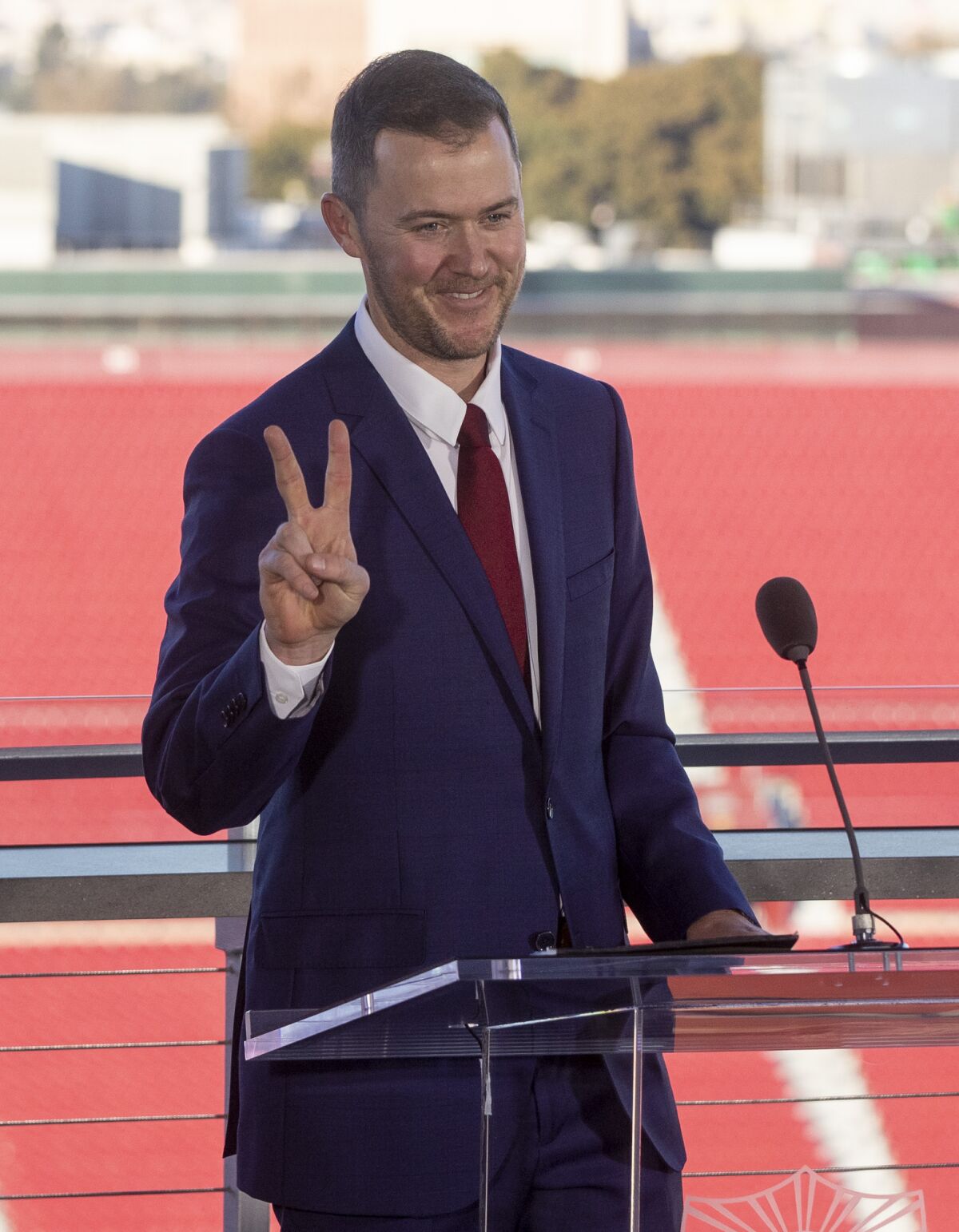 Lincoln Riley is introduced as the head coach of USC football during a news conference at the Coliseum on Monday.