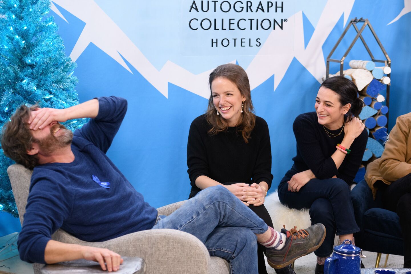 Zach Galifianakis, Rebecca Dinerstein and Jenny Slate attend the Vulture Spot at the Sundance Film Festival in Park City, Utah.
