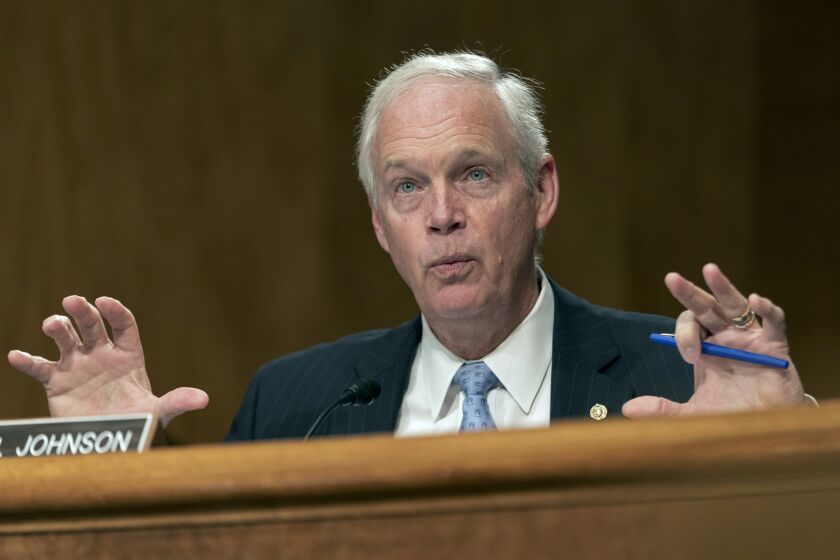FILE - Sen. Ron Johnson, R-Wis., questions the first panel of a Senate Homeland Security and Governmental Affairs committee hearing to examine social media's impact on homeland security Sept. 14, 2022, on Capitol Hill in Washington. Johnson and Democratic challenger Mandela Barnes are set to meet Friday night in the first of two planned debates in Wisconsin's high-stakes U.S. Senate race. (AP Photo/Jacquelyn Martin)