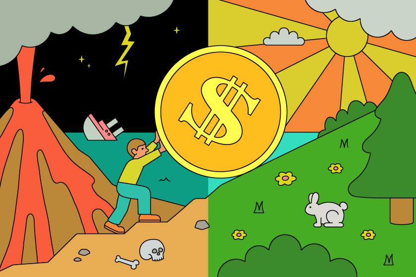 Illustration of a person pushing an oversized coin up a hill.