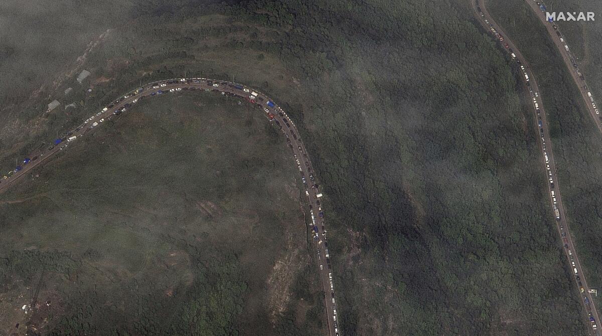 Satellite image of a traffic jam on a mountain road  