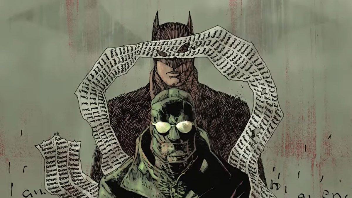 A comic book image of the Riddler and Batman.