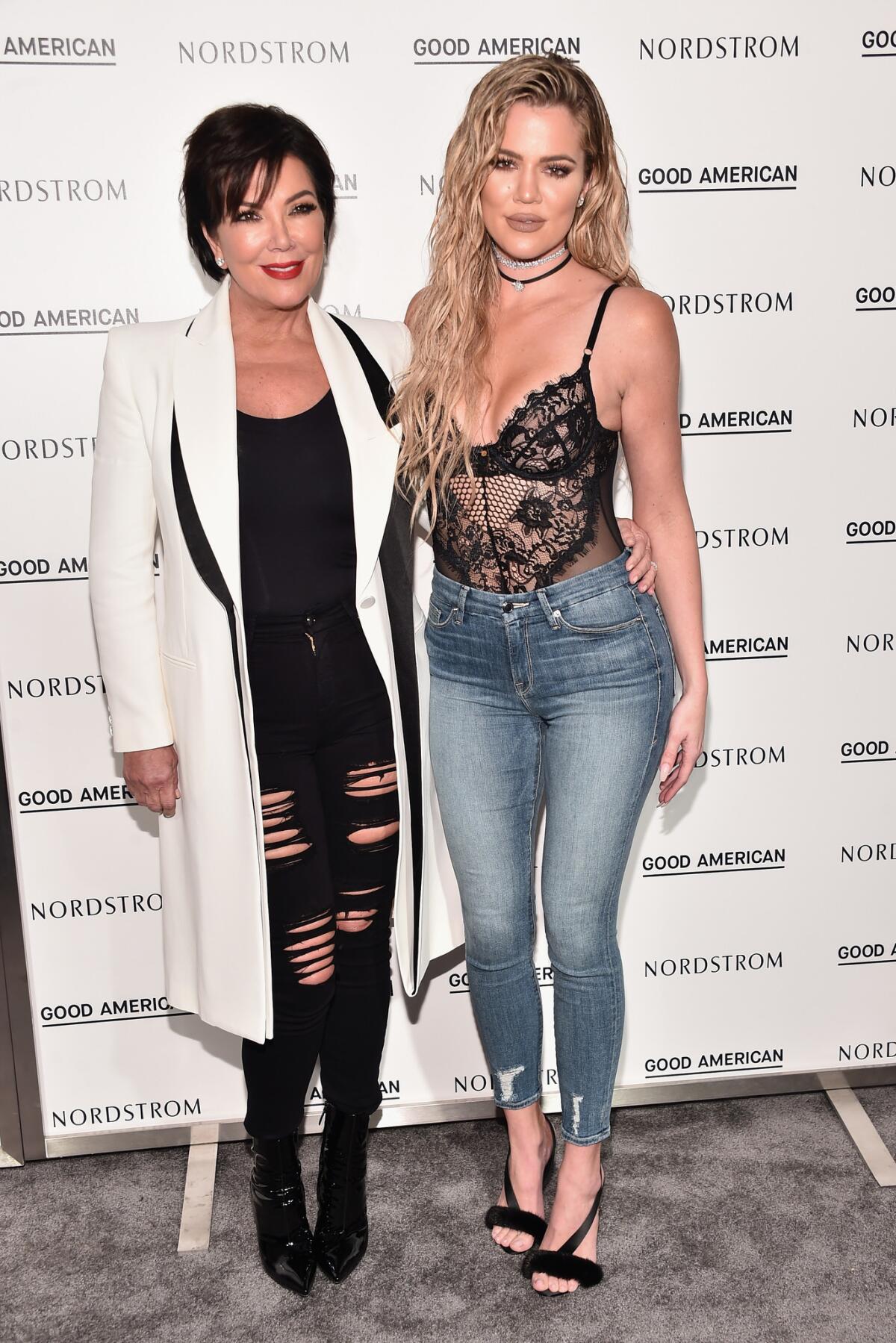 Kris Jenner and Khloe Kardashian attend the launch event for Khloe Kardashian Good American jeans at Nordstrom at the Grove in Los Angeles on Oct. 18. (Alberto E. Rodriguez / Getty Images)