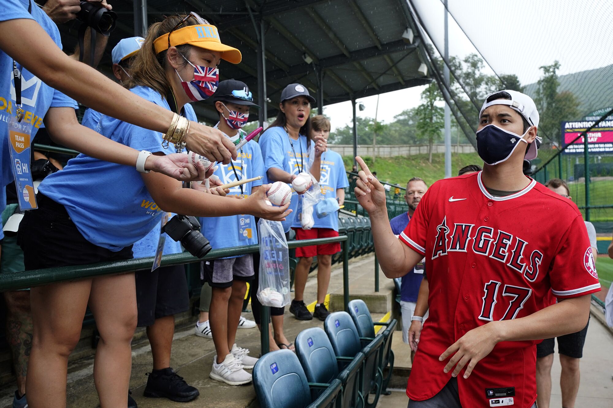 Shohei Ohtani greets Little Leaguers in Williamsport, Pa., on Sunday.
