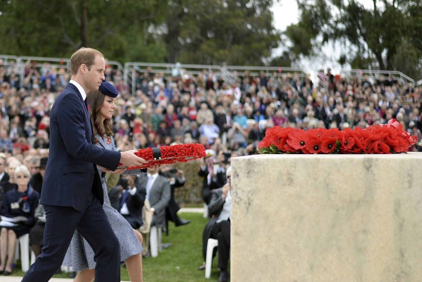 The duke and duchess of Cambridge lay a wreath as they attend the commemorative service during the Anzac Day ceremony at the Australian War Memorial in Canberra. Anzac Day is a national day of remembrance in Australia and New Zealand commemorates all Australians and New Zealanders who served in the military.