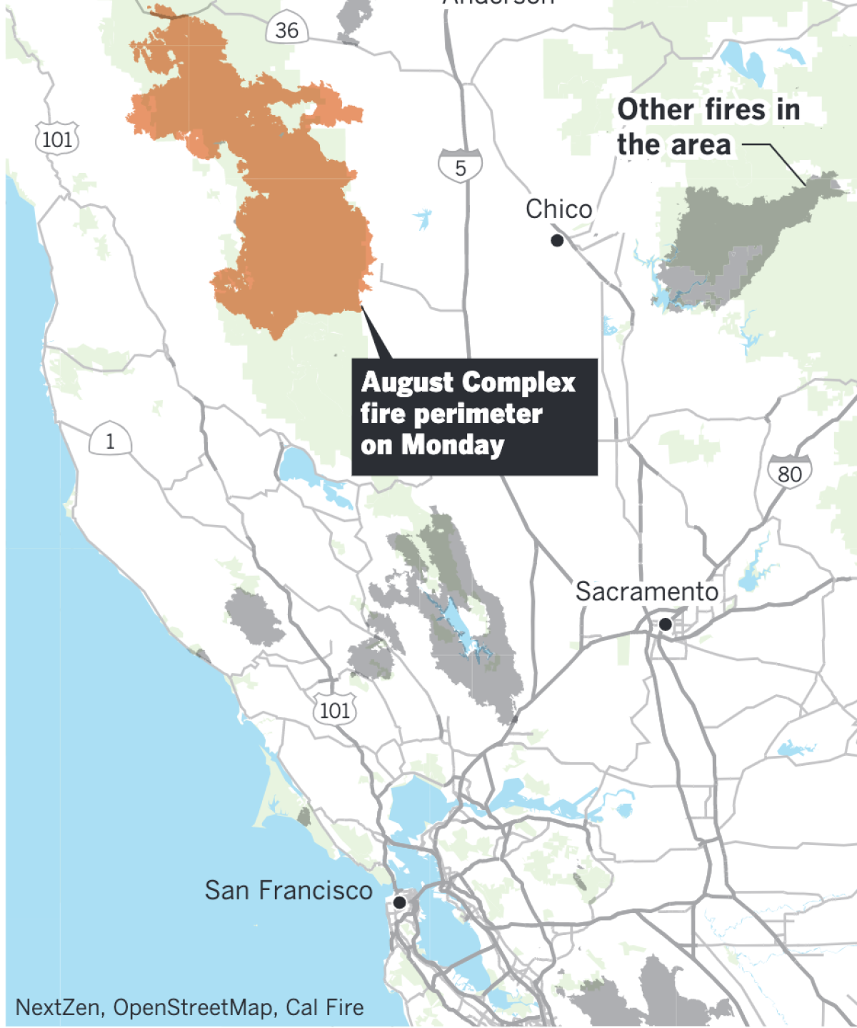 A California map shows the location of the August Complex fire.