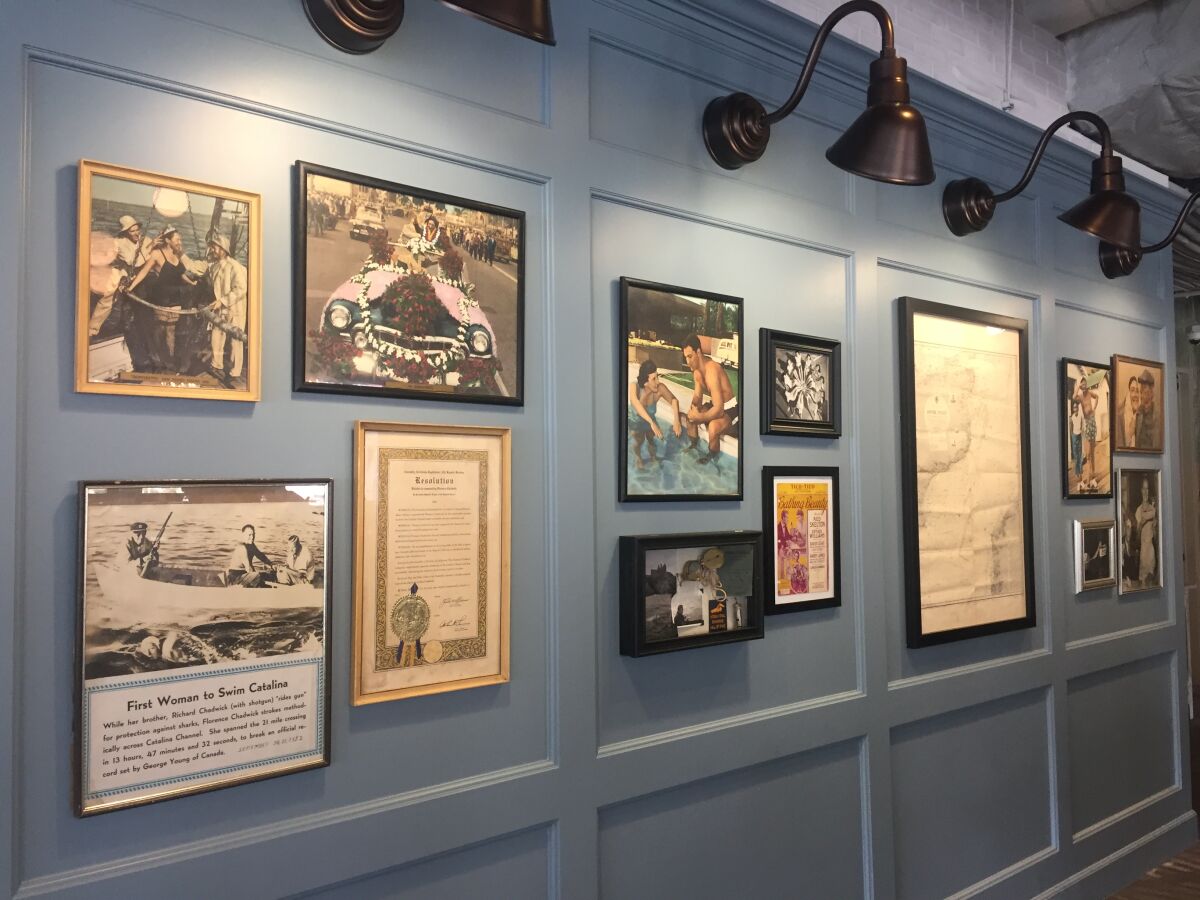 The Chadwick photo wall inside The Florence restaurant at Kilroy Sabre Springs business park, which is named for San Diego native and 1950s-era long-distance swimmer Florence Chadwick. The new 10,000-square-foot, indoor/outdoor restaurant/bar opened for breakfast and lunch service on March 25.
