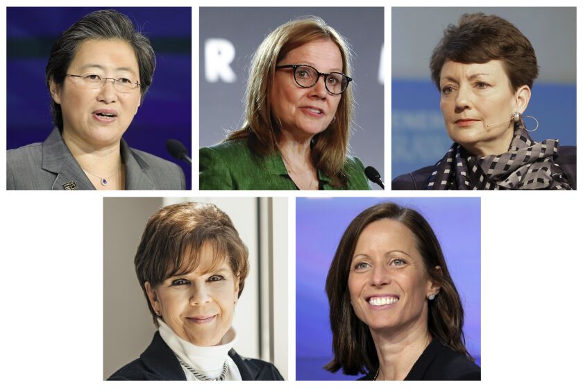 This combination of photos show the five top paid women CEOs in 2022. From top left, Lisa Su of Advanced Micro Devices, Mary Barra of General Motors, Lynn Good of Duke Energy. FROM bottom left, Phebe Novakovic of General Dynamics and Adena Friedman of Nasdaq, Inc. 2022 was a mixed bag pay-wise for the women who run companies in the S&P 500 - compensation increased for more than half of them, but the median pay package fell 6%. Of the 343 CEOs in the compensation survey of S&P 500 companies done by the AP and Equilar, only 20 were women. (AP Photo)