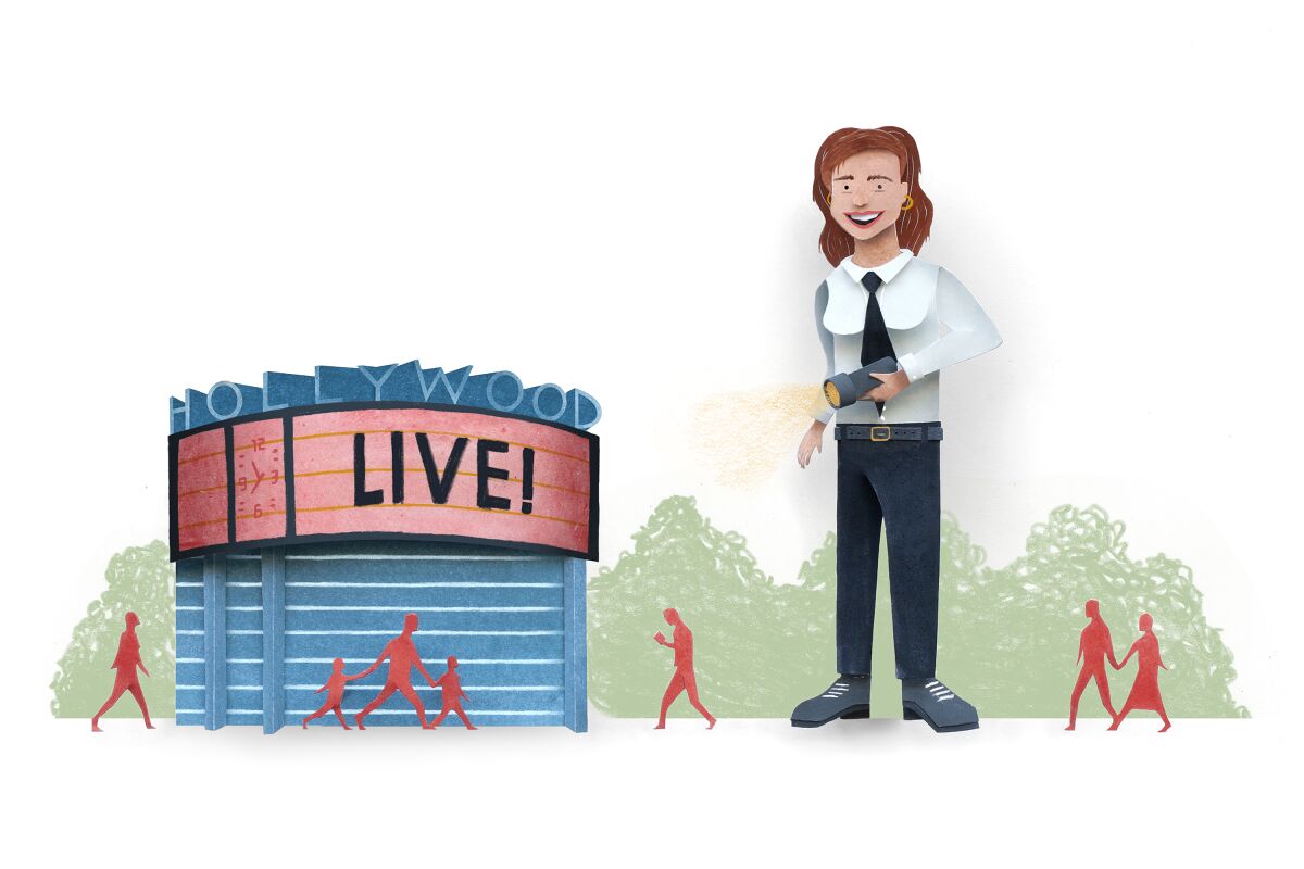 An illustration showing an usher at the Hollywood Bowl entrance.