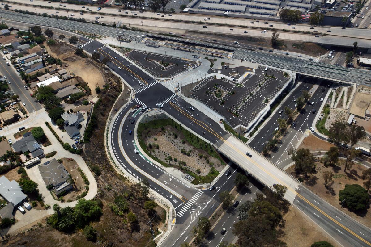Aerial view of the Balboa station from the eastern side of Interstate 5 and the recently added Morena Boulevard access loop.