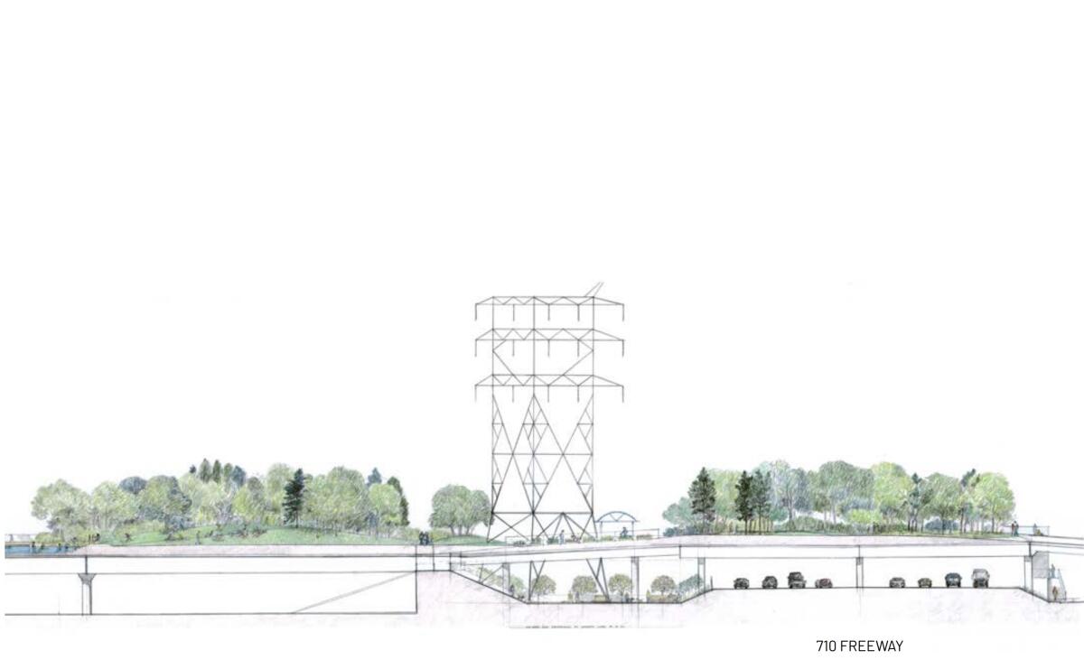 An artist's rendering of a platform park alongside the 710 Freeway.