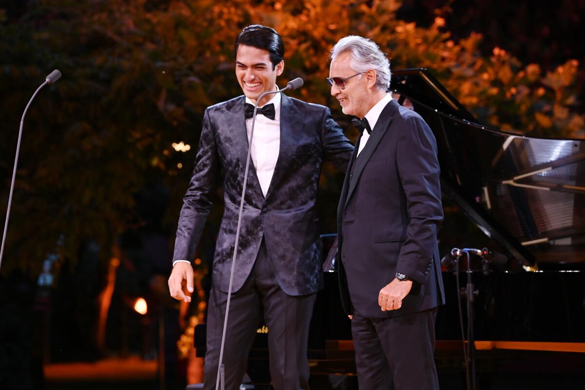 Singer Matteo Bocelli (left) is shown last year with his famous father, Andrea Bocelli