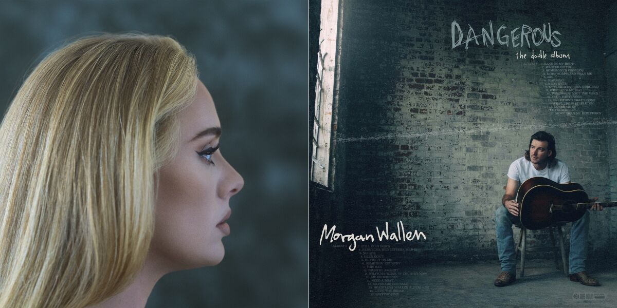 En esta combinación de portadas de álbumes "30" de Adele, izquierda, y "Dangerous: The Double Album" 