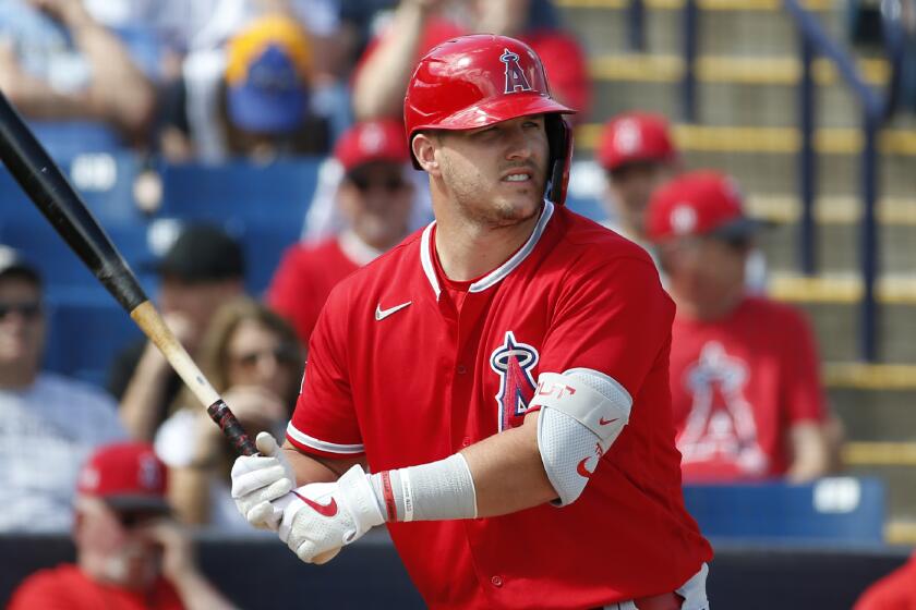 Los Angeles Angels' Mike Trout during a spring training baseball game against the Milwaukee Brewers.