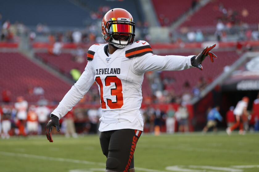 Cleveland Browns wide receiver Odell Beckham (13) before an NFL preseason football game against the Tampa Bay Buccaneers Friday, Aug. 23, 2019, in Tampa, Fla. (AP Photo/Mark LoMoglio)
