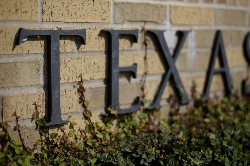 FILE In this Thursday, Nov. 29, 2012 photo, ivy grows near the lettering of an entrance to the University of Texas in Austin, Texas. A group of University of Texas professors is demanding the reversal of job cuts after the 52,000-student campus shut down a program this week to comply with one of the nation's most sweeping bans on diversity, equity and inclusion initiatives. (AP Photo/Eric Gay)