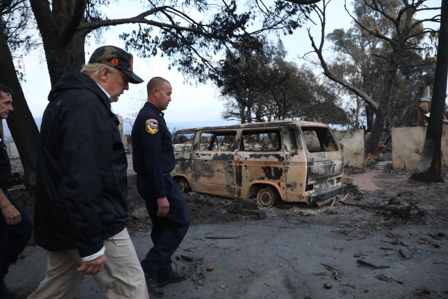 President Trump tours the Woolsey fire ravaged neighborhood on Dume Drive in Malibu on Nov. 17, 2018.