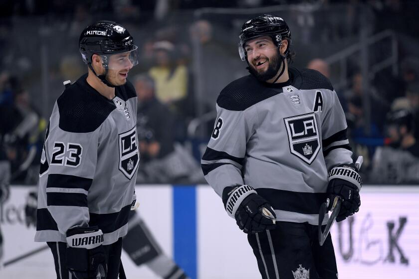 LOS ANGELES, CALIFORNIA - NOVEMBER 30: Drew Doughty #8 and Dustin Brown #23 of the Los Angeles Kings laugh before the game against the Winnipeg Jets at Staples Center on November 30, 2019 in Los Angeles, California. (Photo by Harry How/Getty Images)