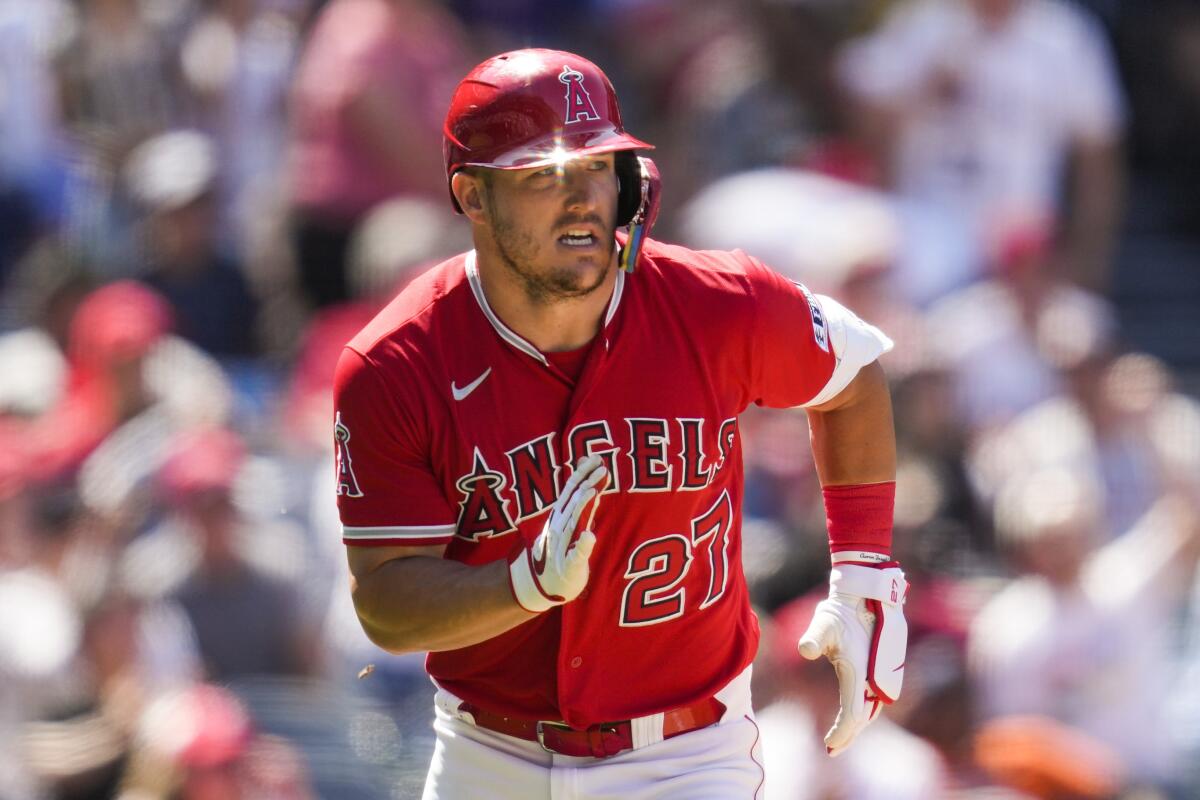 The Angels' Mike Trout singles against the Chicago White Sox on  June 29, 2023, in Anaheim.