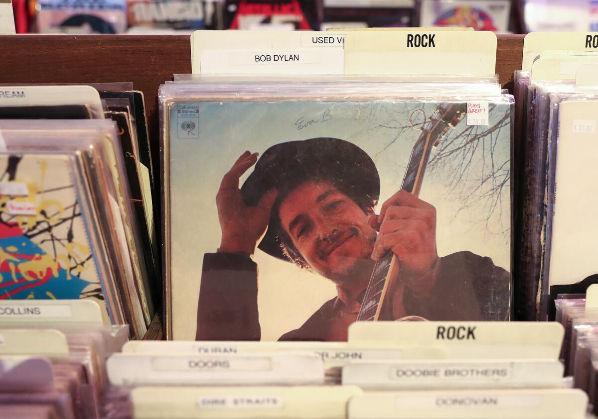 A Bob Dylan vinyl record at Sound Spectrum in Laguna Beach.
